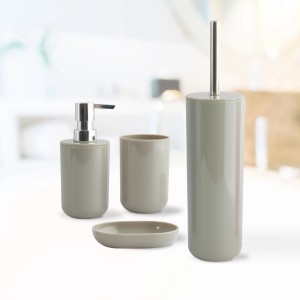 MSV Bad-Set Inagua Taupe: Seifenspender, Zahnputzbecher, Seifenschale und WC-Bürste.
