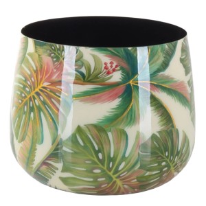 A.H.G. Metall-Pflanztopf mit tropischem Flora-Palmen-Design, Gold-Reflexen und glänzender Oberfläche.