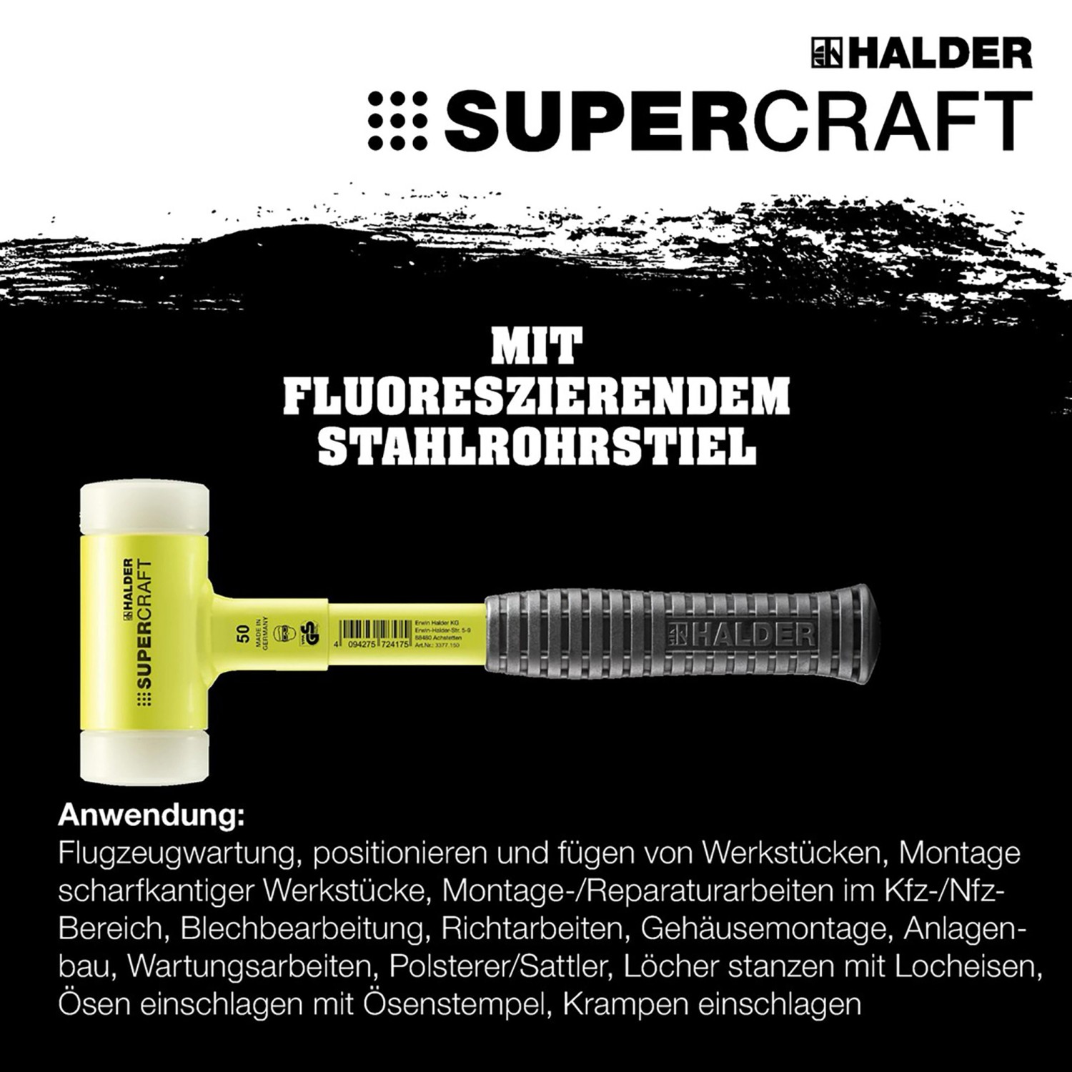 Halder Schonhammer Supercraft, 40mm, gelb-fluoreszierend mit Stahlrohrstiel.