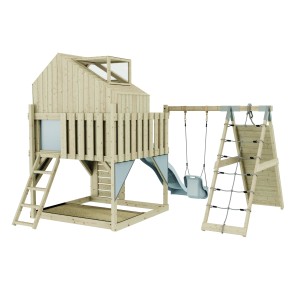 PolarPlay Babyschaukel Anika Eisblau mit Rutsche, Kletterwand und Spielhaus aus Holz.