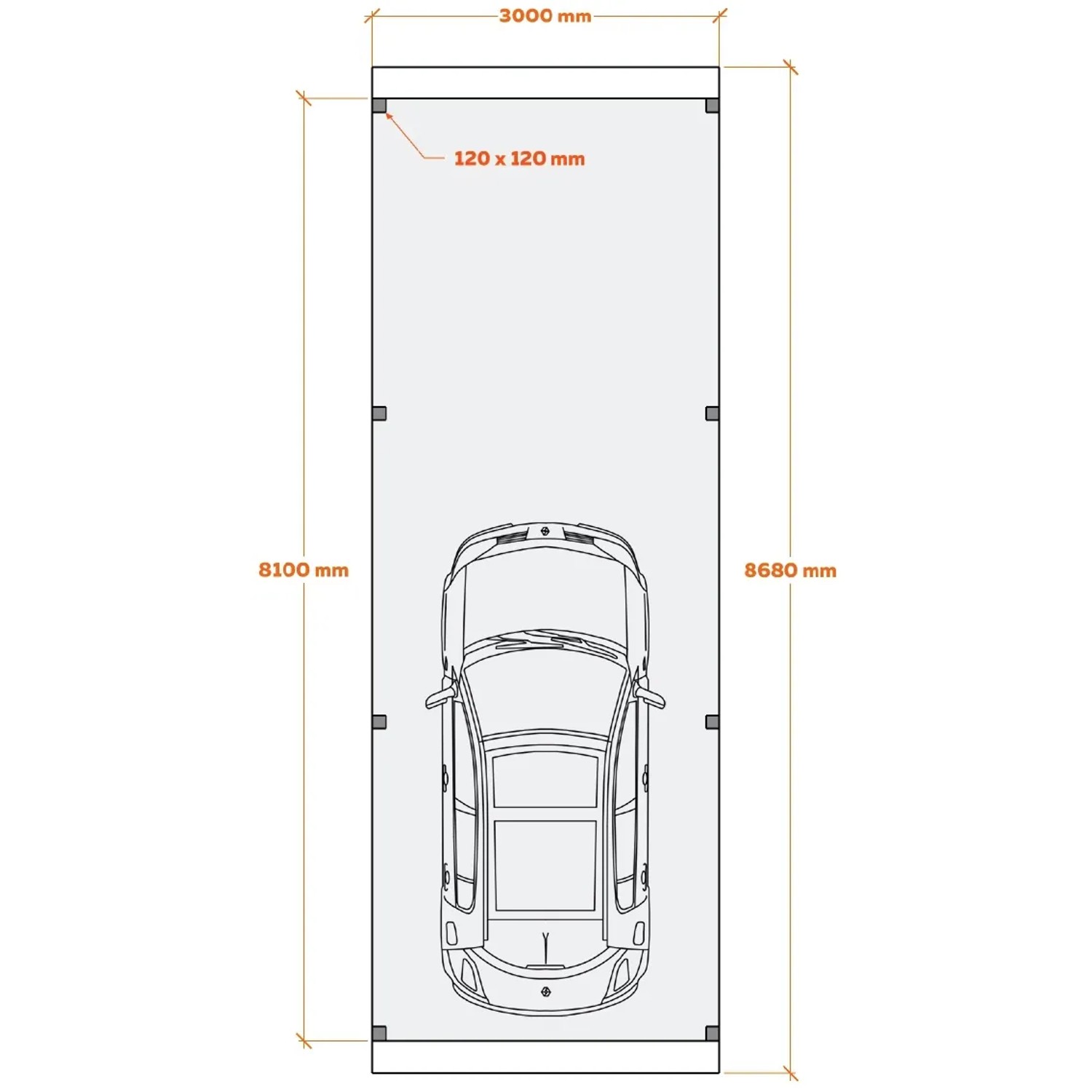 Grundriss Holzbrüder Einzelcarport Ralf, 300x868cm, Chromoxidgrün, Blechdach Dornengrün, mit Bemaßung.
