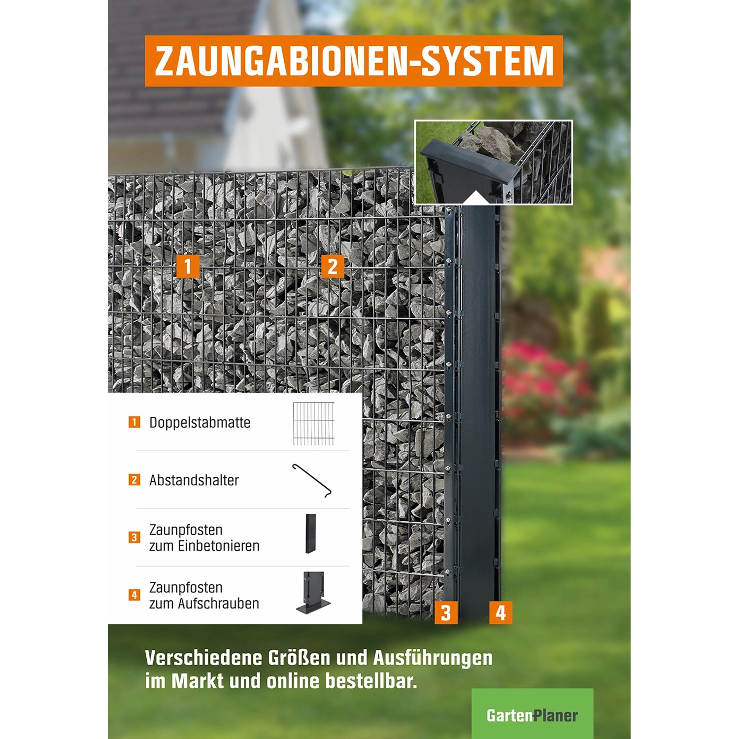Floraworld Zaungabione Basis-Set Anthrazit, 83cm. Gartenzaun-System mit Pfosten und Zaunmatten.
