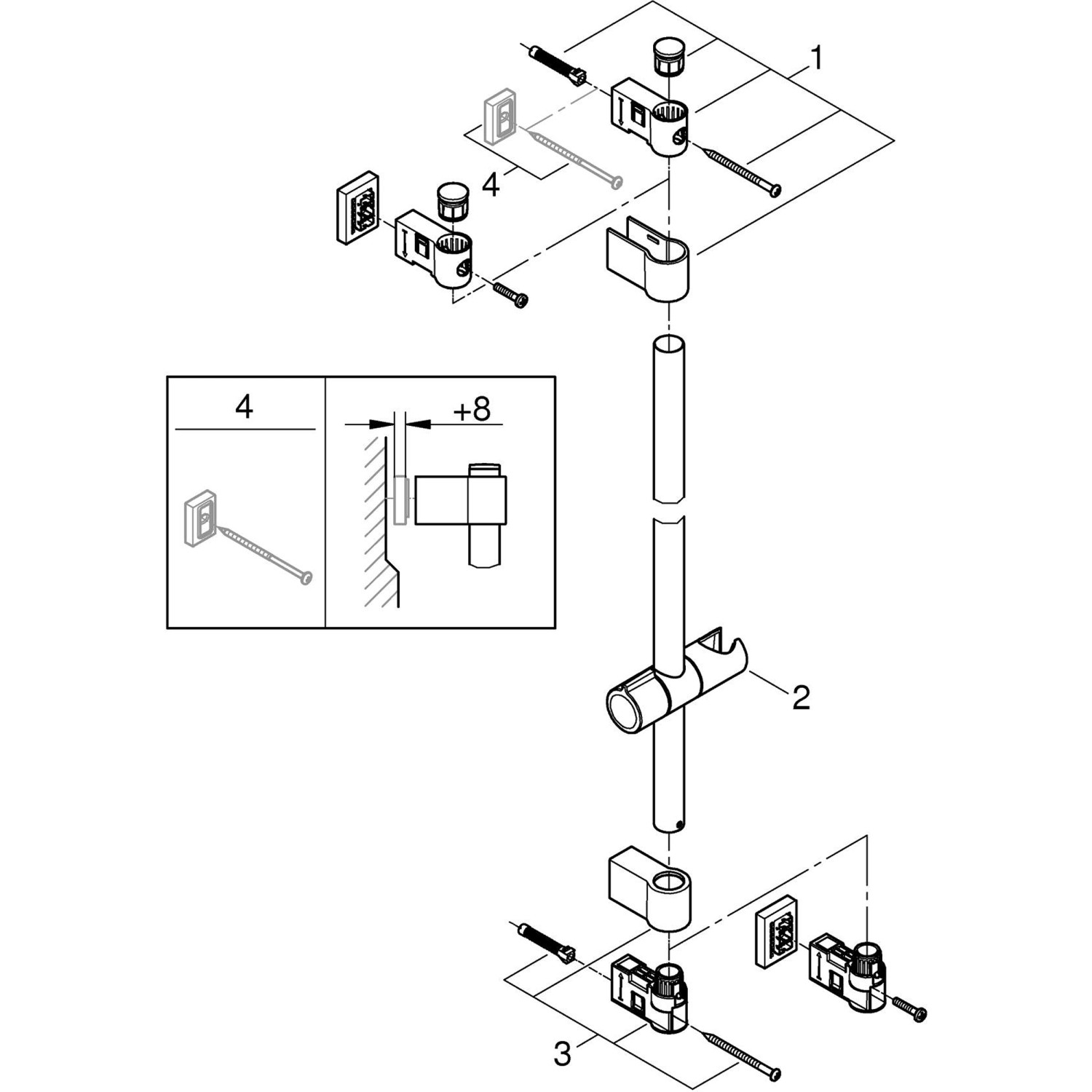 Explosionszeichnung Grohe Quickfix Brausestange Vitalio Universal 900 mm mit Montageelementen.