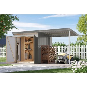 Karibu Metallgerätehaus Neos 2 mit Anbaudach 2 m Graualuminium