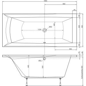 Technische Zeichnung der Porta Badewanne, 180x80 cm, mit Maßangaben.