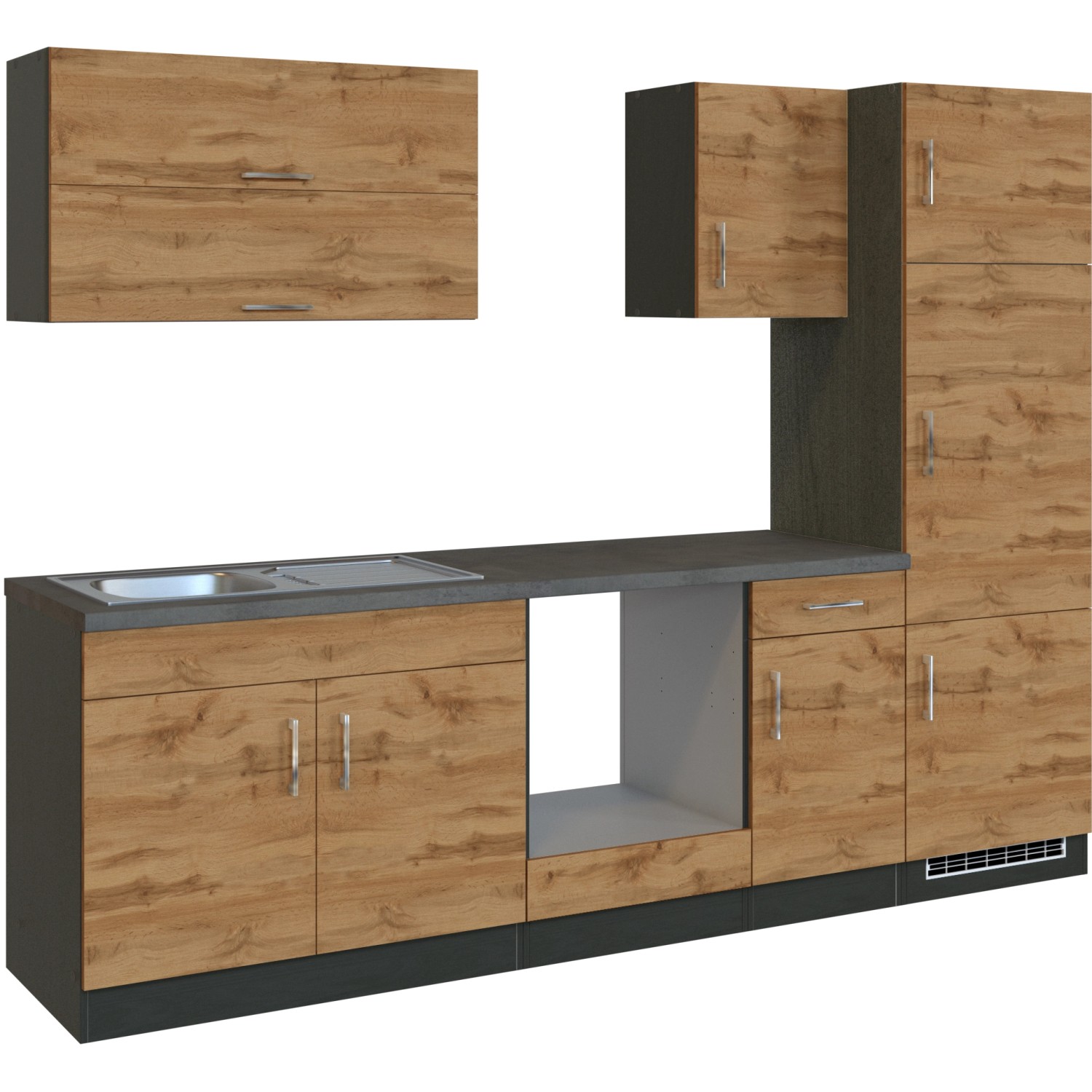Moderne Küchenzeile Sorrento 270 cm in Wotaneiche-Grafit ohne E-Geräte mit Spüle.