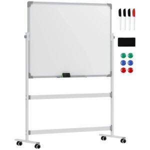 Mobiles HOMCOM Whiteboard auf Rollen, weiß, mit Aluminiumrahmen, Magnettafel und Zubehör wie Markern, Magneten, Radiergummi.