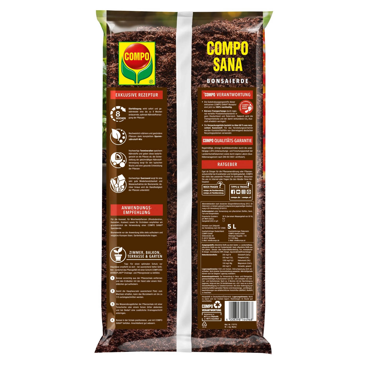 Sack Compo Sana Bonsaierde, torffrei, 5 l. Spezialerde für Bonsai im Innen- und Außenbereich.