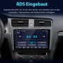 Junsun Autoradio mit Touchscreen im VW Golf 7. Zeigt FM-Radio mit RDS-Funktion und Frequenzen.