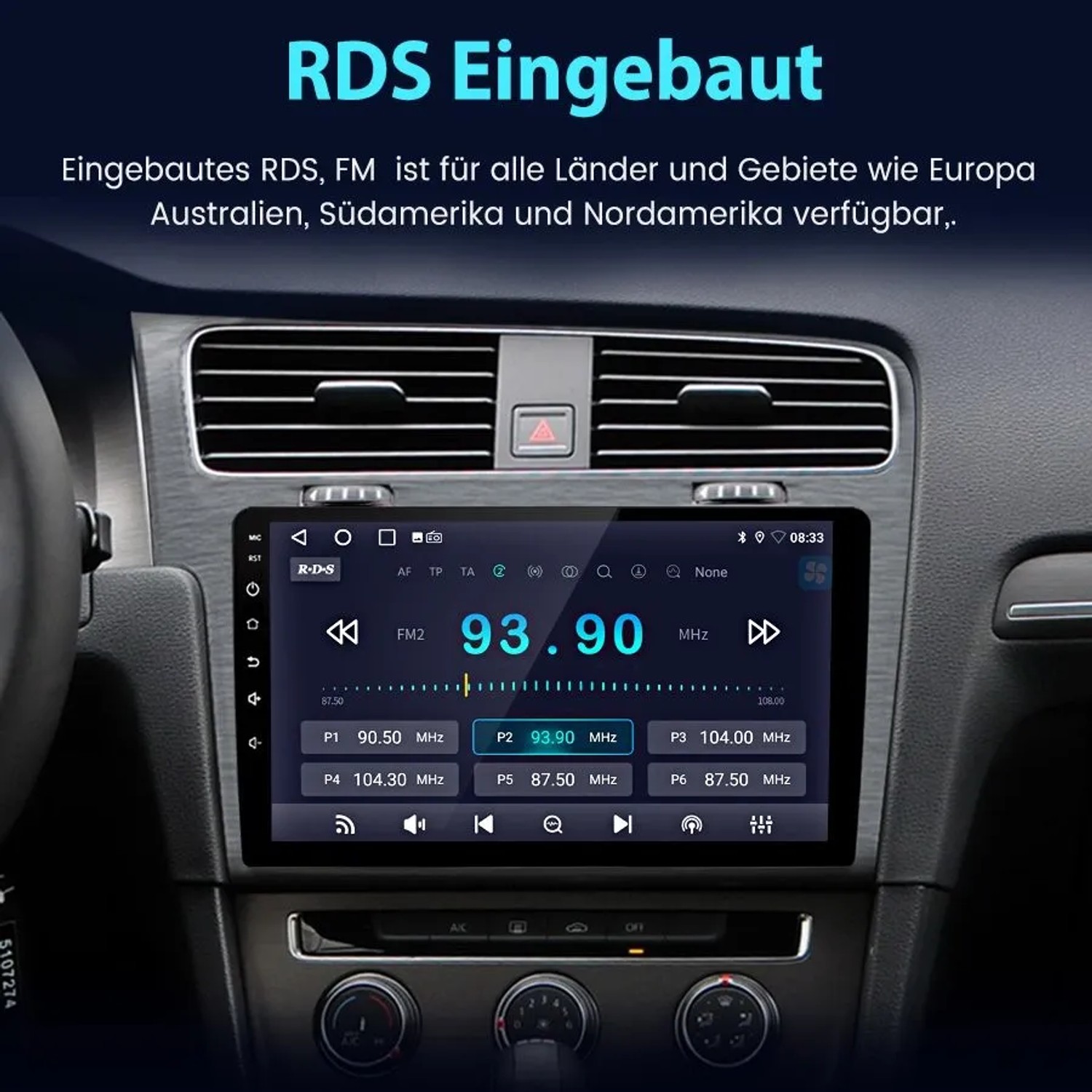 Junsun Autoradio mit Touchscreen im VW Golf 7. Zeigt FM-Radio mit RDS-Funktion und Frequenzen.
