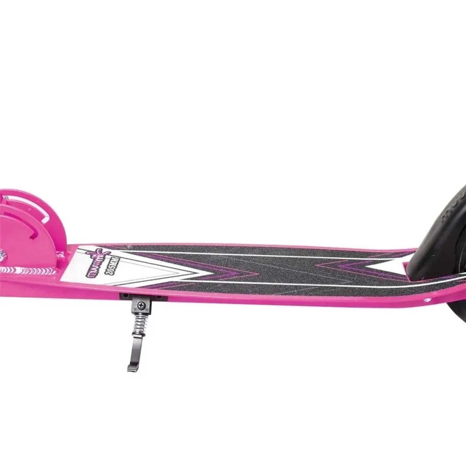 Pinker Muuwmi Aluminium Scooter mit schwarzem XL-Deck, lila Akzenten und ausgeklapptem Ständer. Tretroller für Kinder & Erwachsene.