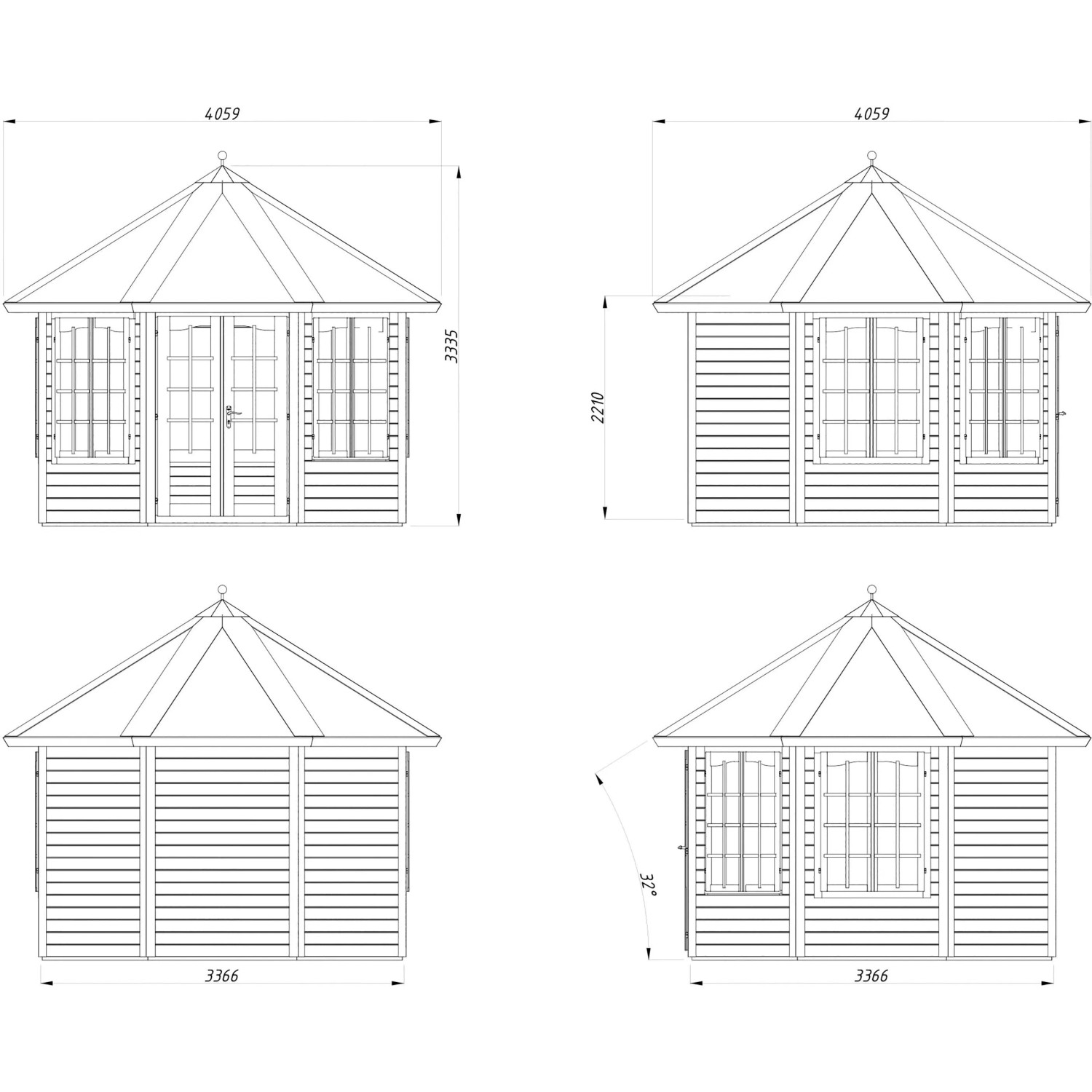 Technische Zeichnung Palmako Holz-Pavillon Veronica 4, naturbelassen, mit Maßen.