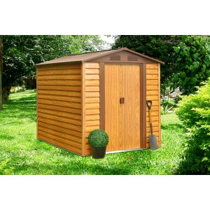 Pergart Gerätehaus Frankfurt II in Holzoptik, 236x195x209 cm, mit Tür und Gartengeräten.