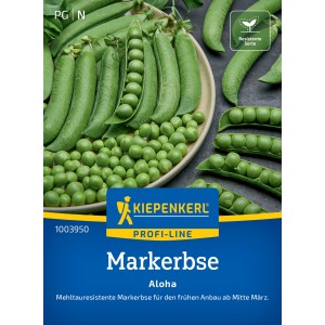 Kiepenkerl Markerbse Aloha: Grüne Erbsenschoten und lose Erbsen auf einer Packung.