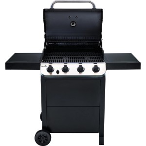 Schwarzer Char-Broil Gasgrill Convective 410 B mit 4 Brennern, Grillrosten und Ablageflächen.