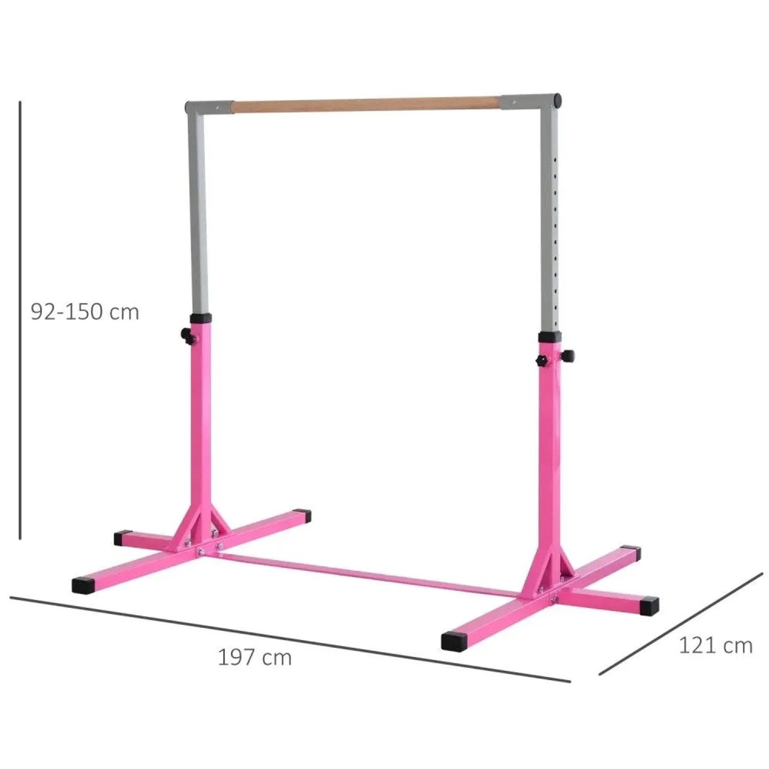 HOMCOM Gymnastik-Turnreck mit rosa Stahlrahmen und höhenverstellbarer Buchenholzstange für Kinder.