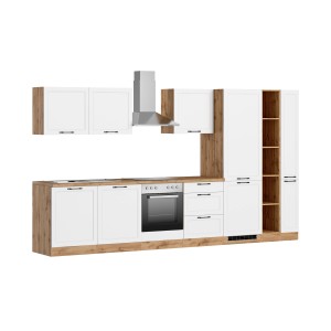 Küchenzeile Kempten 360 cm in Wotan Eiche/Weiß mit E-Geräten. Moderne Einbauküche mit Spüle, Herd, Kühl-/Gefrierkombi und Geschirrspüler.