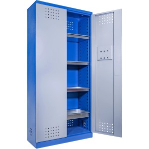 Güde Umweltschrank TYP I aus Stahl, blau/grau, mit Fächern und Auffangwannen für Werkstatt & Lager.