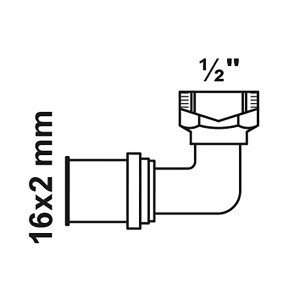 Abbildung eines Kirchhoff MS-Winkel 90° Pressfitting 16 mm x 1/2 IG für MSVR Blank, Schemazeichnung.