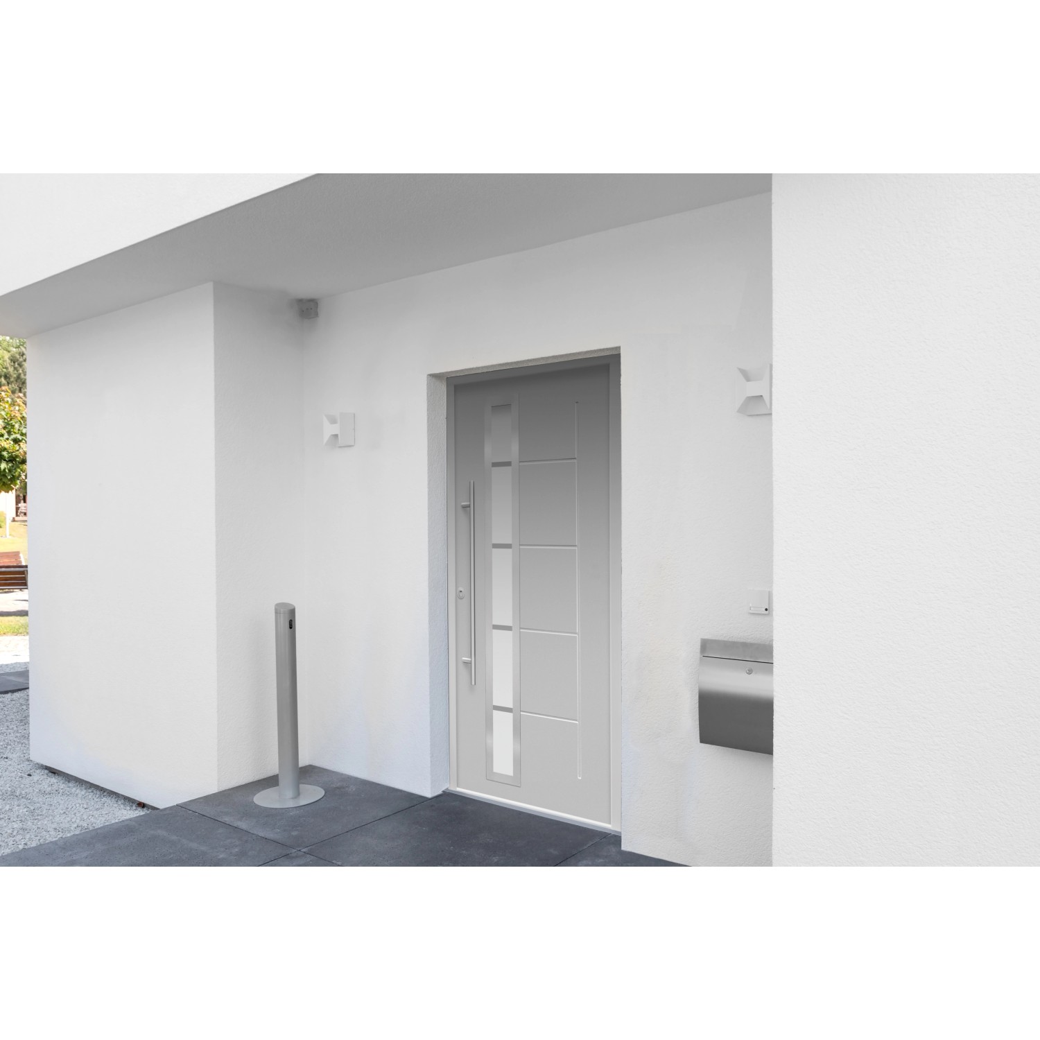 Graue Sicherheits-Haustür ThermoSpace Prime Paris RC2 mit Edelstahlgriff und Glaseinsatz.