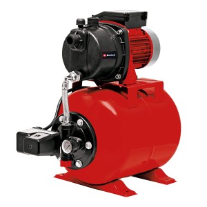 Einhell Hauswasserwerk GC-WW 6538, rote Pumpe mit schwarzem Pumpenkopf und Druckkessel.