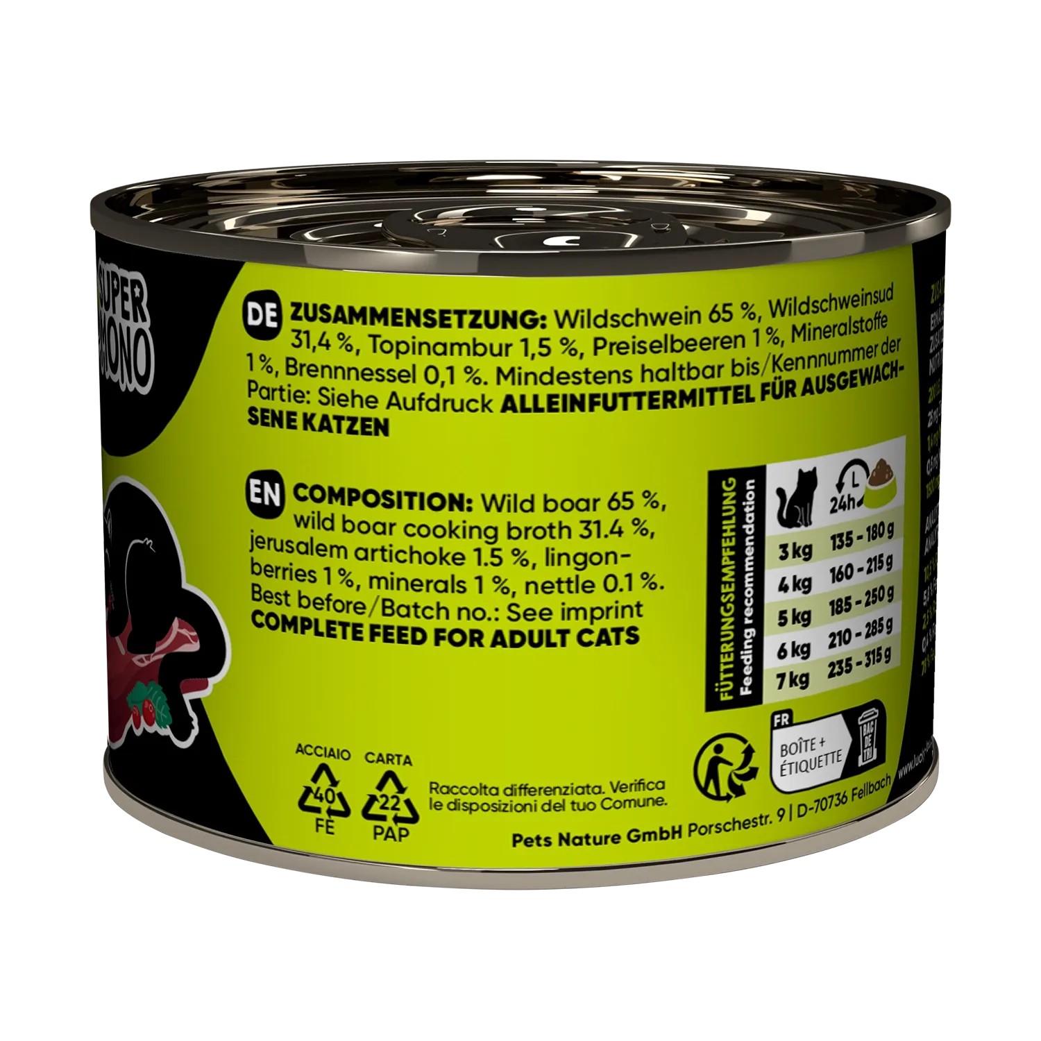 Lucky Lou Katzen-Nassfutter SuperMono² Wildschwein, 200g Dose. Alleinfutter für Katzen mit Wildschwein.