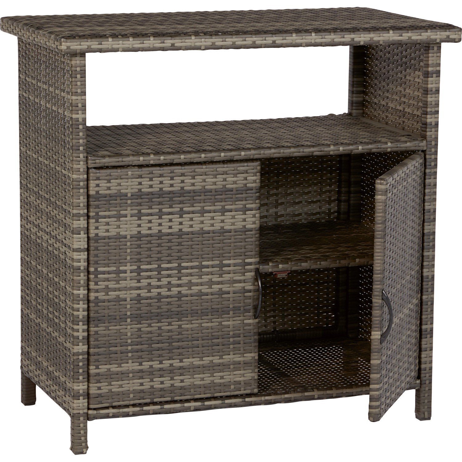 Grauer Outdoor-Schrank Vermont aus Polyrattan mit zwei Türen und Regalfächern.