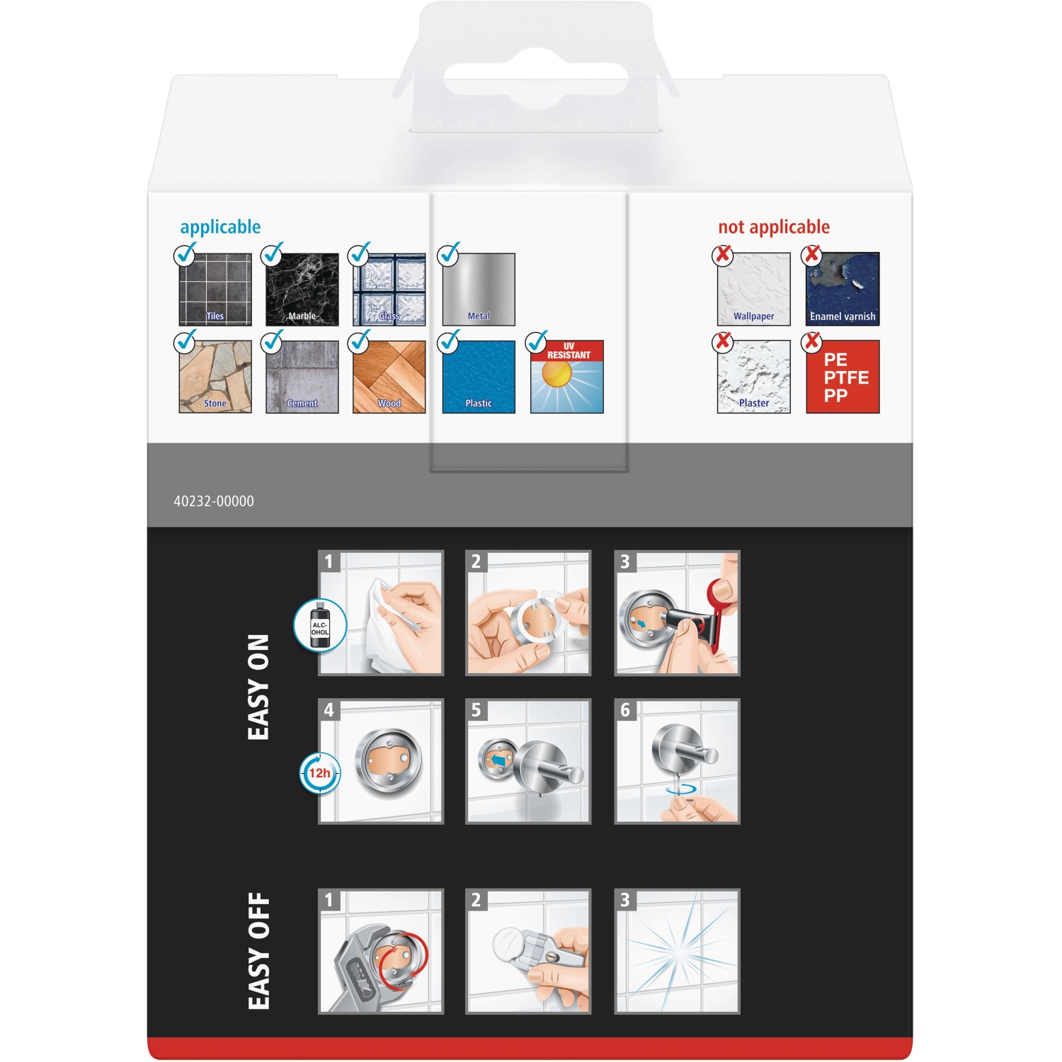 Verpackung Tesa Ekkro Toilettenpapierhalter: Montageanleitung und geeignete Untergründe.