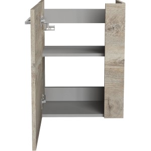 Fackelmann Waschbeckenunterschrank SBC Eiche Natur, 44 cm breit, mit offenstehender Tür und Einlegeböden.