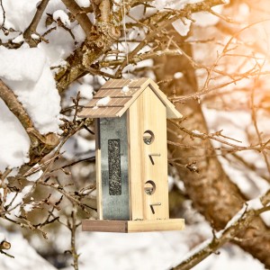 Holz Vogelfuttersilo Country mit Dach und Futterkammer hängt an einem Baum im Winter.
