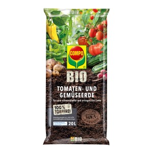 Sack Compo Bio Tomaten- und Gemüseerde, torffrei, 20L. Abbildung zeigt Gemüse wie Tomaten, Gurken und Paprika.