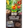 Sack Compo Bio Tomaten- und Gemüseerde, torffrei, 20L. Abbildung zeigt Gemüse wie Tomaten, Gurken und Paprika.