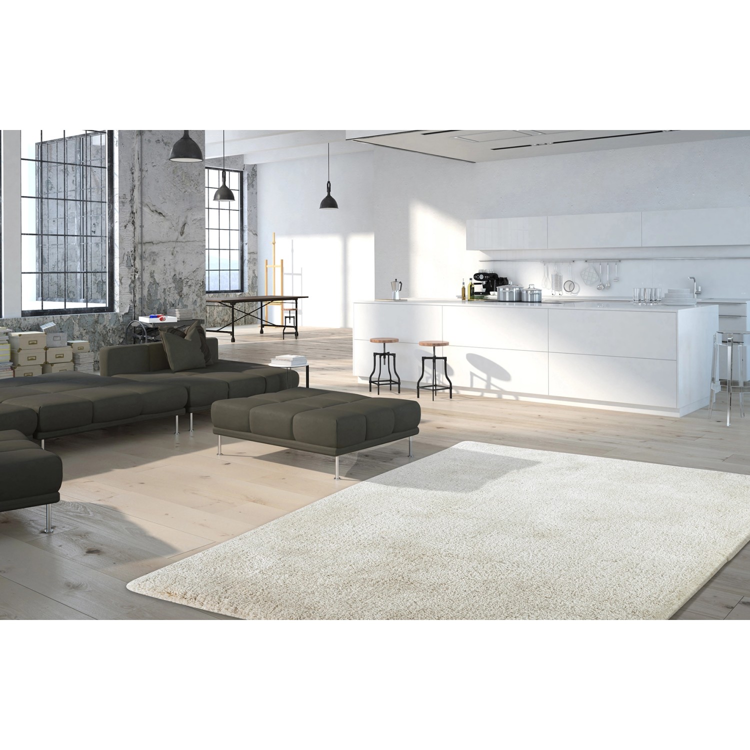 Beiger Hochflor-Teppich Carnival Pearl, 160x230 cm, im modernen Wohnzimmer.