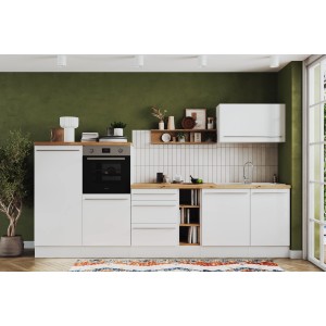 Respekta Inselküche Gabriel 320 cm, Weiß Hochglanz mit Muldenlüfter und Elektrogeräten.