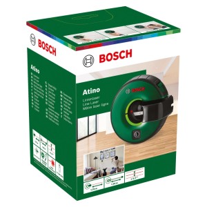 Verpackung des Bosch Atino Linienlasers mit integriertem Maßband.