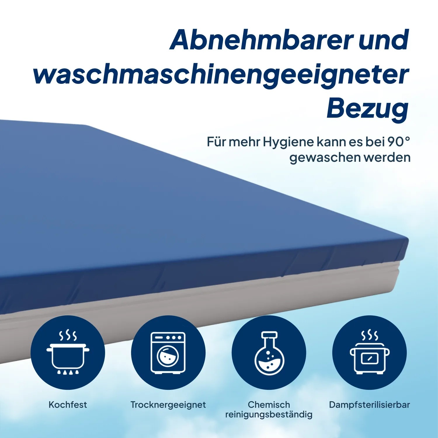 Blaue AM Qualitätsmatratze 90x200 cm mit abnehmbarem, waschbarem Bezug.