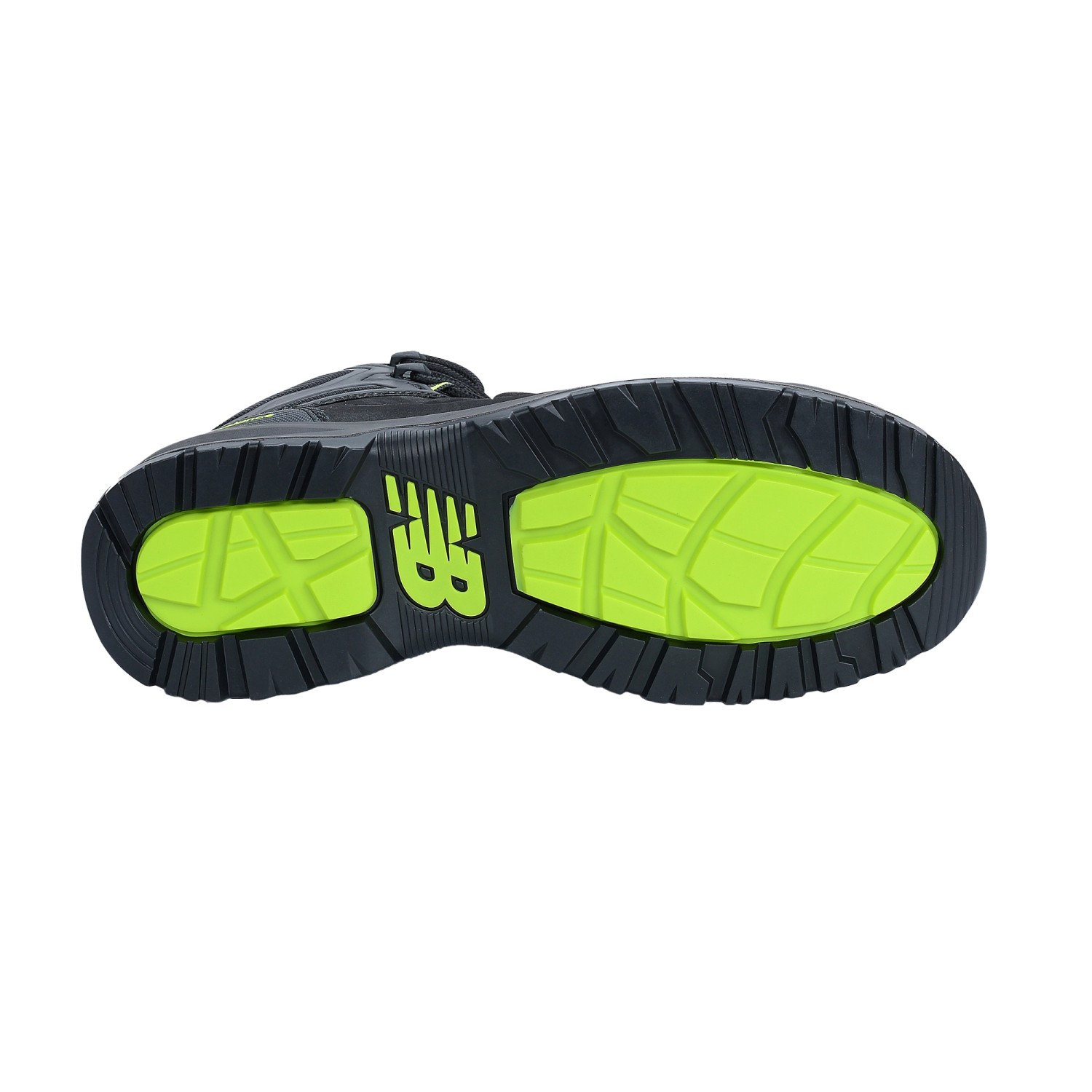 Sohle des schwarzen New Balance Calibre S3L Sicherheitsstiefels Gr. 40 mit grünem Profil.