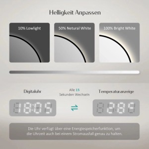 Runder LED Badspiegel mit dimmbarer Beleuchtung (10-100%), digitaler Uhr und wechselnder Temperaturanzeige.