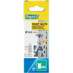 Rapid Nietmuttern M6, 20 Stück, inkl. Bohrer. Stahl, verchromt, für Zangen.