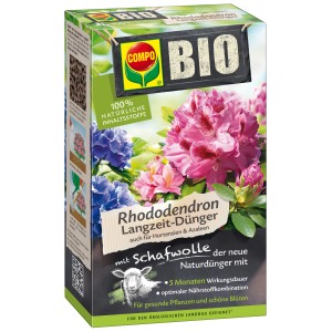 Packung Compo Bio Rhododendron Langzeit-Dünger mit Schafwolle für üppige Blüten.