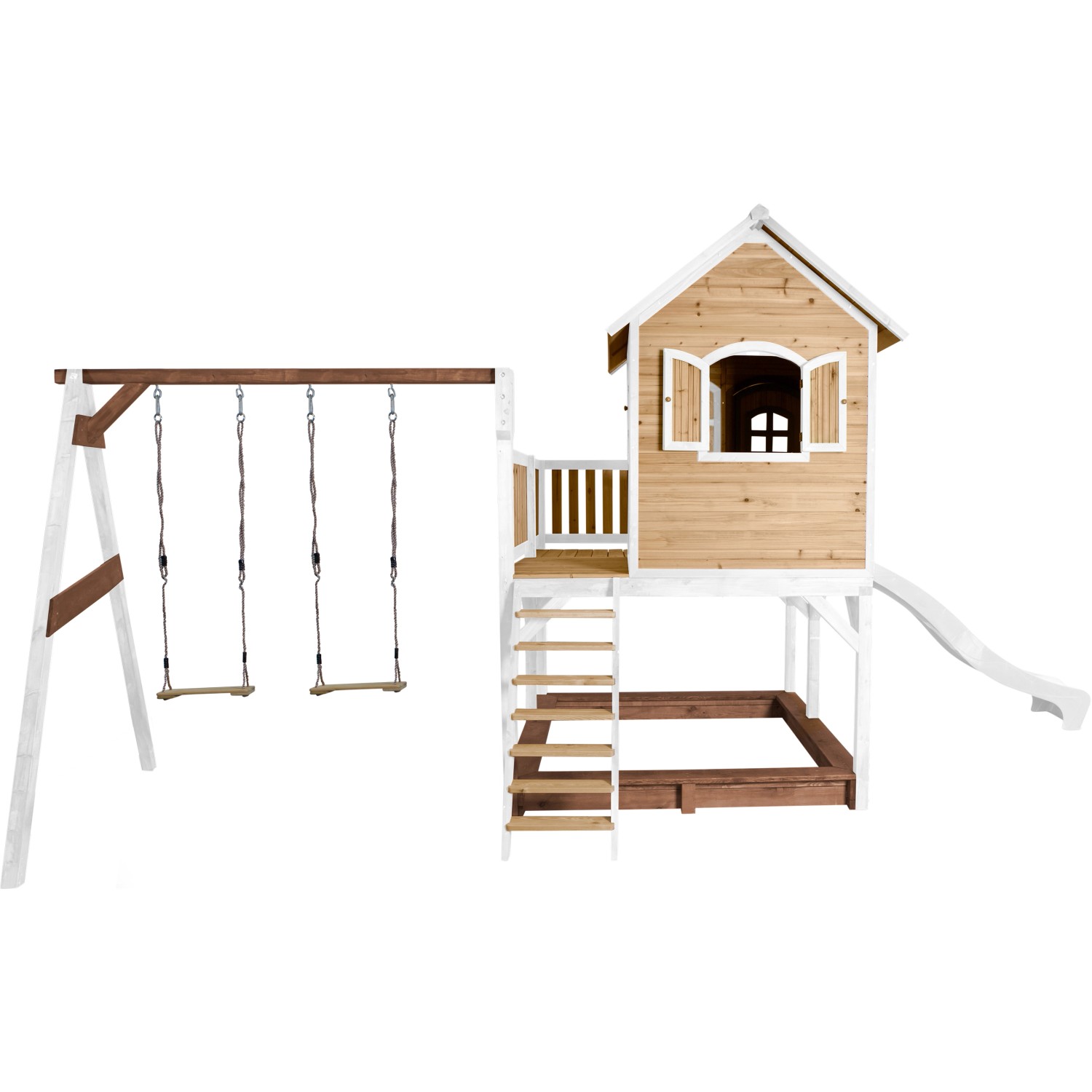 Axi Liam Spielhaus mit Doppelschaukel, braun-weiß mit Rutsche. Spielturm aus Holz mit Sandkasten.