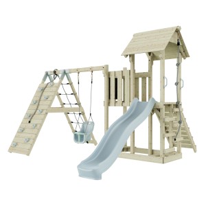 PolarPlay Babyschaukel Farö Eisblau: Spielturm mit Rutsche, Schaukel und Kletterwand aus Holz.