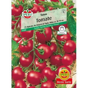 Samenpackung Sperli Tomaten Totem F1-Hybride mit reifen, roten Cherrytomaten an der Pflanze.