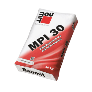 Weißer Baumit Kalk-Zement-Maschinenputz MPI 30, 40 kg Sack. Putz mit Reibstruktur für Innenräume.
