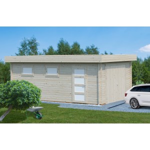 Palmako Garage Rasmus, lackiert grau-weiß, mit Holztor und Fenster. Fertiggarage aus Holz.