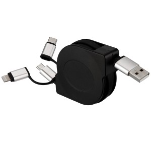 Schwarzes REV Ritter 3 in 1 USB Ladekabel mit Lightning, Micro-USB und USB-C Anschluss, 2m.