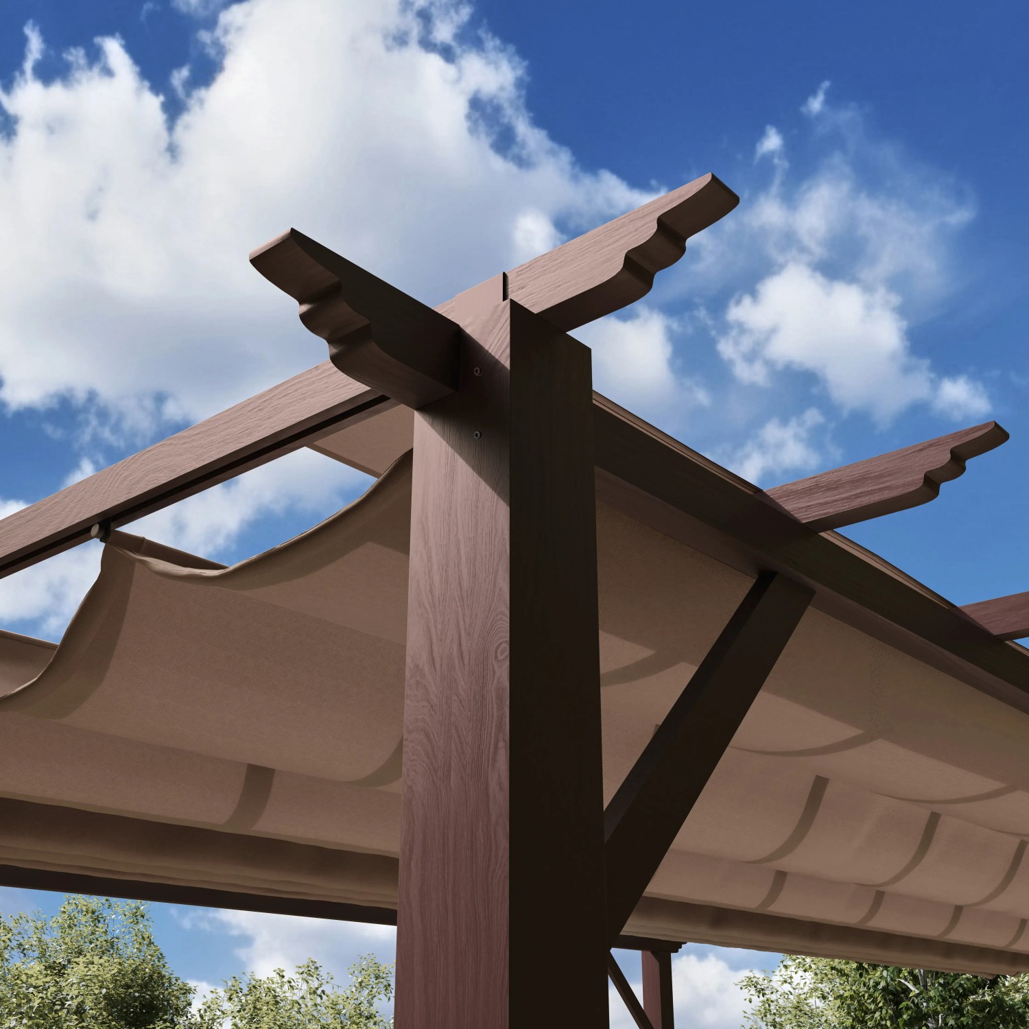 Detailansicht des Pavillon Pergola Gazebo Florida Cocoa mit Sonnensegel und Holzoptik.
