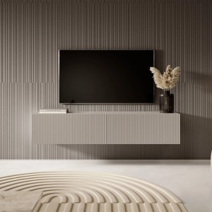 Selsey Veldio TV-Hängeboard 140 cm in Greige mit moderner Lamellenfront, wandhängend unter TV. Bietet Stauraum.