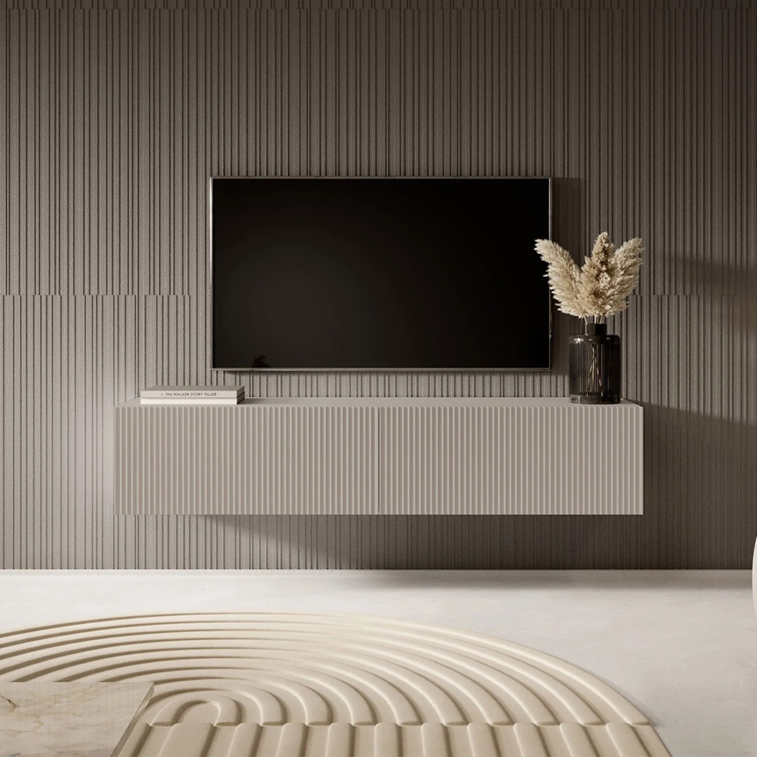 Selsey Veldio TV-Hängeboard 140 cm in Greige mit moderner Lamellenfront, wandhängend unter TV. Bietet Stauraum.