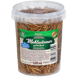 Fidelio Mehlwürmer, getrocknet, 520ml im transparenten Behälter. Wildvogelfutter.